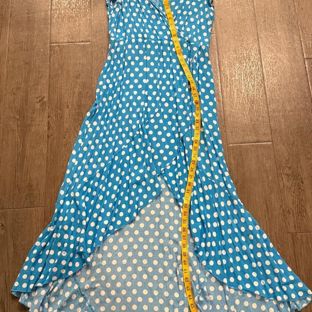 Vintage boho romantic blue polka dot high low  maxi dress ruffle hem size xl